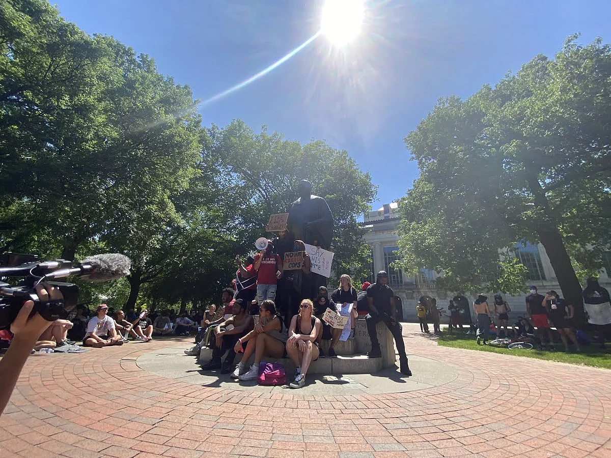Jayson Velazquez, an Ohio State student, speaks to protesters in front of the Thompson Library at Ohio State University on June 2.