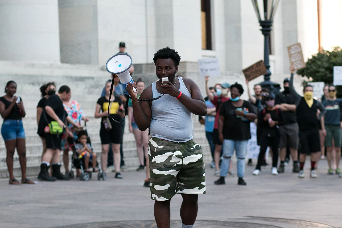 Earl Louis Jones, leader of Black Freedom, addresses a crowd of protesters outside the Ohio Statehouse on June 5, 2020.