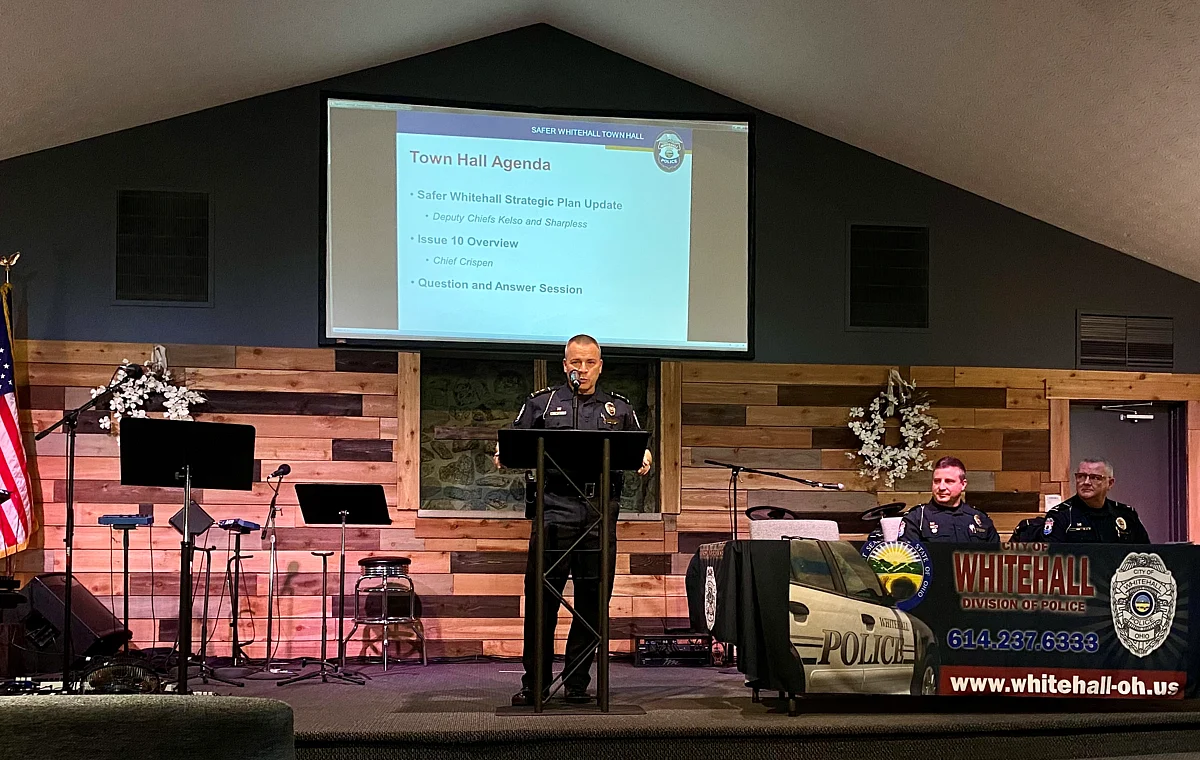 Whitehall Chief of Police, Mike Crispen, addresses the audience at a Safer Whitehall town hall meeting on April 21, 2022.