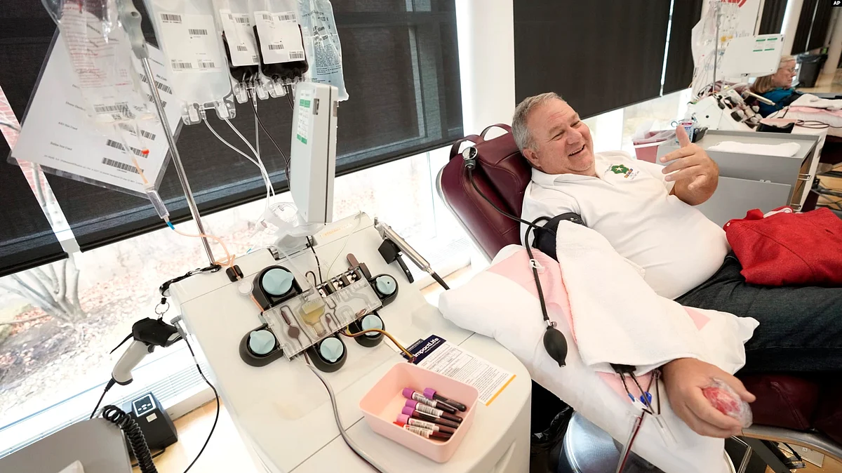 Matt Schermerhorn talks about donating blood at the Impact Life blood center in Davenport, Iowa, Nov. 11, 2022. Schermerhorn is among thousands of donors who have returned to blood centers across the U.S. after federal health officials lifted a longstanding ban.