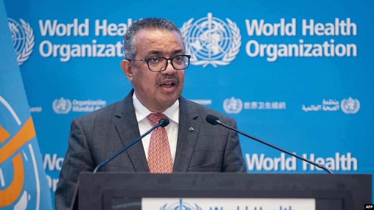 This handout picture made available by the World Health Organization on Nov. 29, 2021 shows WHO Director-General Tedros Adhanom Ghebreyesus addressing the special session of the World Health Assembly in Geneva