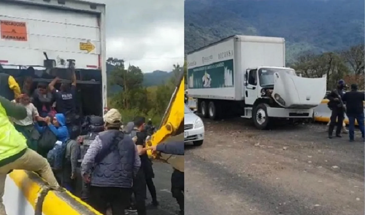 La Secretaría de Seguridad Publica del estado de Veracruz brindó apoyo a los 38 migrantes que se quedaron dentro de la caja del tráiler