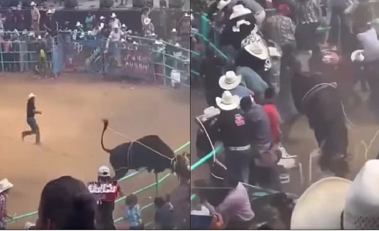 Toro se brinca valla y mete tremendo susto a los asistentes en jaripeo de Zirahuén