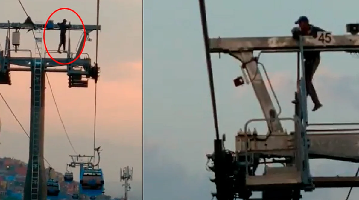 Hombre sube a lo más alto de torre del Cablebús y genera pánico en los usuarios