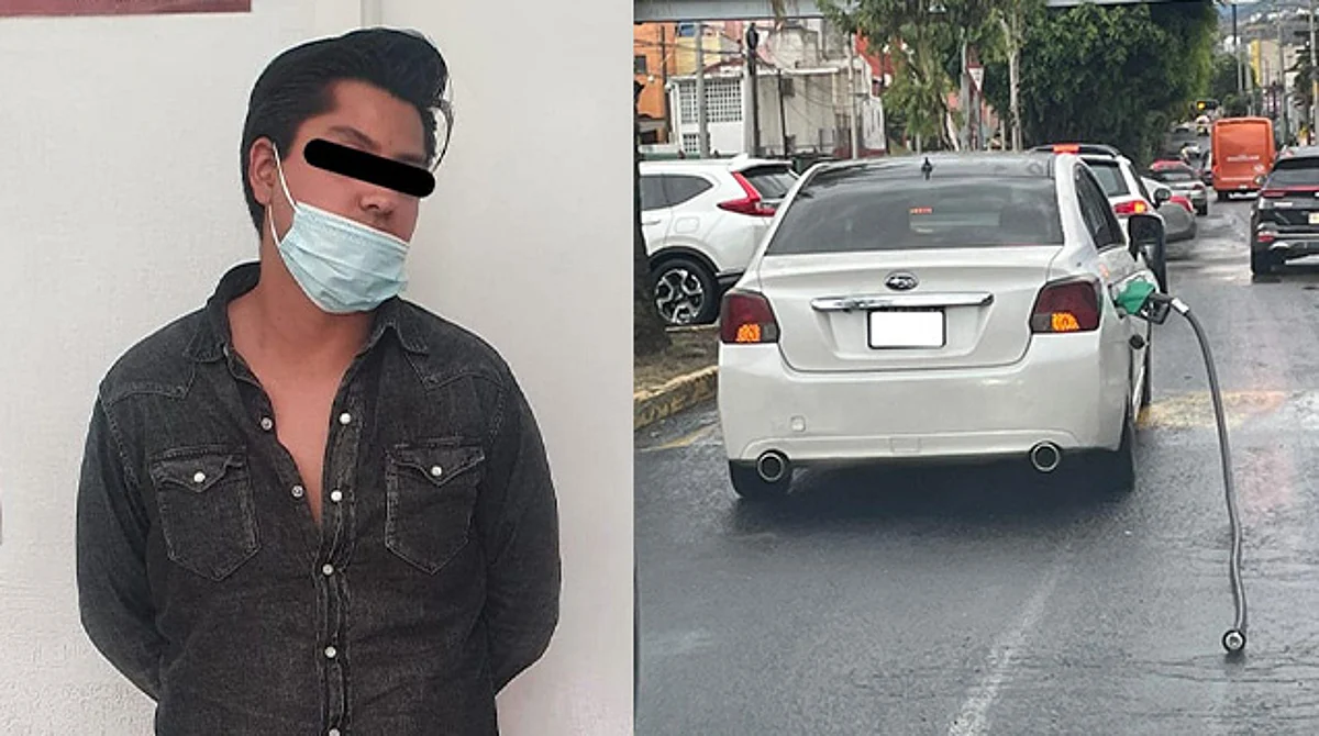 Huye para no pagar la gasolina y se lleva hasta la manguera