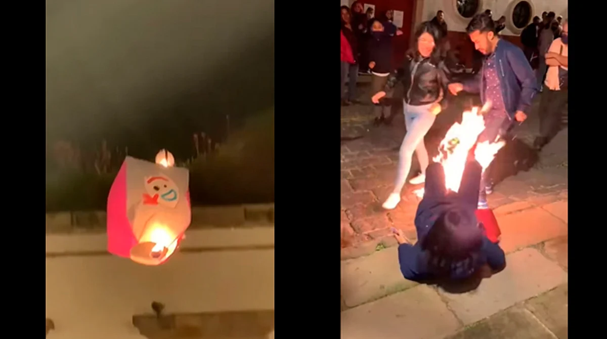 Mientras el globo se alza las llamas empiezan a consumir la estructura y provocan que este caiga a los pies de una persona que estaba sentada