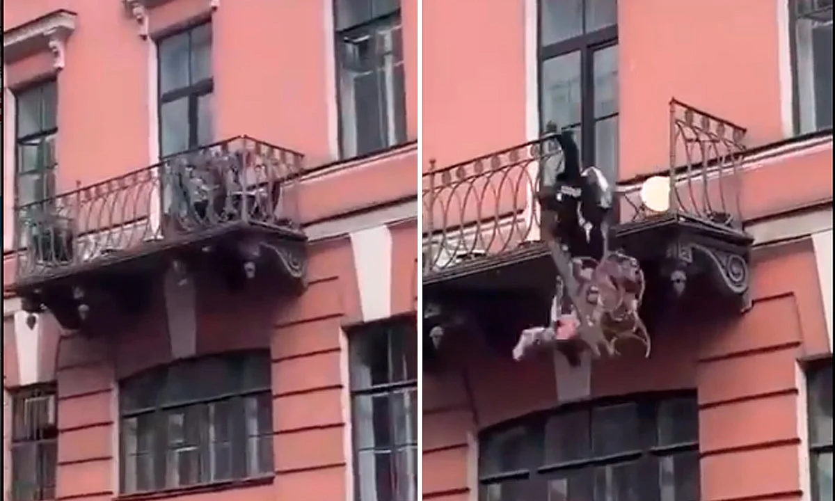 Captan momento en que pareja cae de balcón