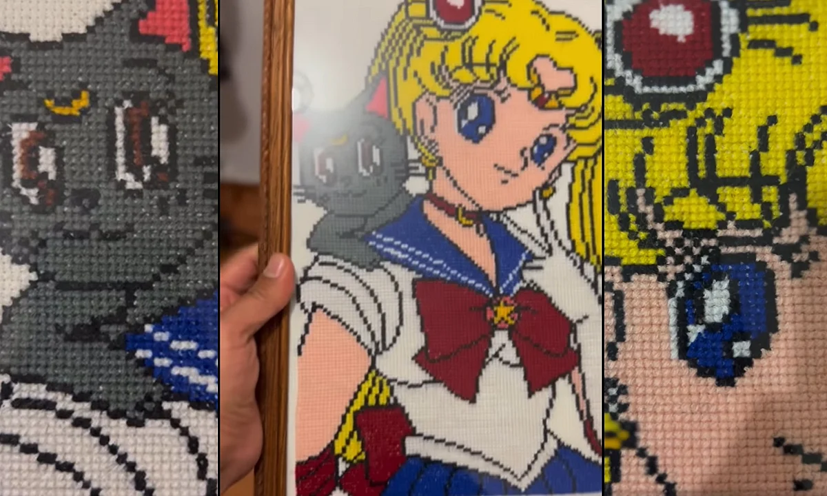 Michoacana borda para su hermano a Sailor Moon en punto de cruz