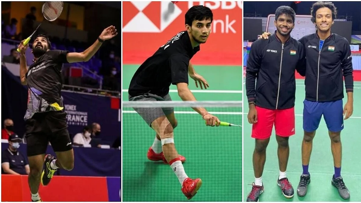 डावीकडे किदम्बी श्रीकांत, मध्ये लक्ष्य सेन आणि उजवीकडे चिराग-सात्विकची जोडी
