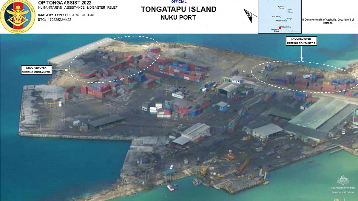 View of tsunami damage after the Pacific island nation was hit after a massive undersea volcanic eruption in Nuku Port, Tongatapu Island, Tonga, released January 18, 2022, in this reconnaissance photo taken from a Royal Australian Air Force P-8A Poseidon maritime patrol aircraft surveillance flight.
