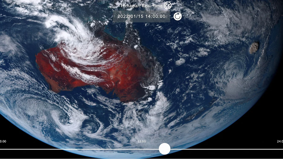 FILE PHOTO: A plume rises over Tonga when the underwater volcano Hunga Tonga-Hunga Ha'apai erupted in this satellite image taken by Himawari-8, a Japanese weather satellite operated by Japan Meteorological Agency, on January 15, 2022 and released by National Institute of Information and Communications Technology (NICT) and obtained by Reuters on January 16, 2022.