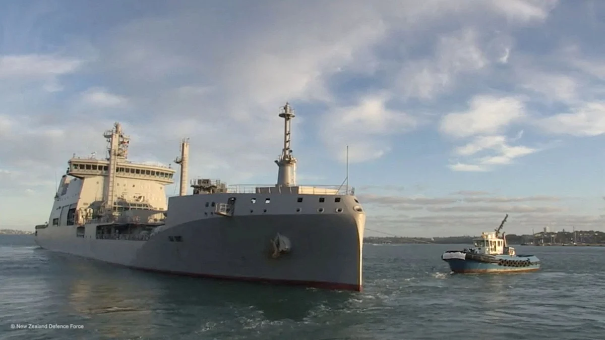 HMNZS Aotearoa departs to provide disaster relief and assistance to Tonga after a volcanic eruption and tsunami, from Auckland, New Zealand, January 18, 2022, in this still image taken from video.