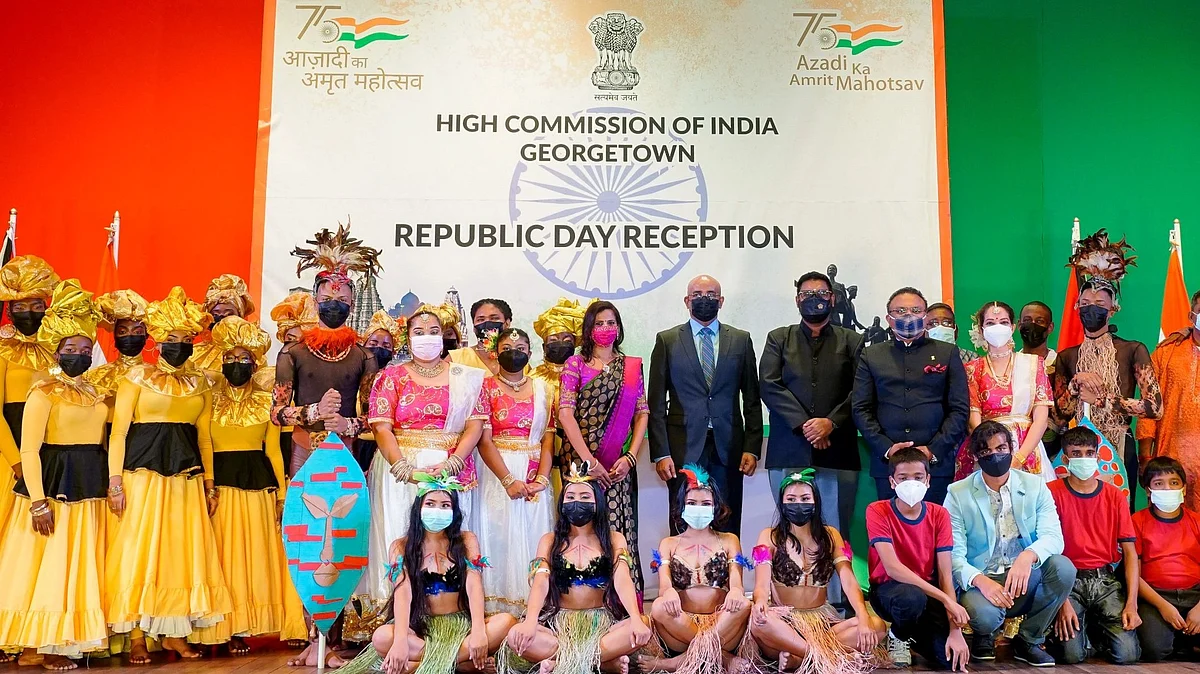 Dance performers share the stage with President Mohamed Irfaan Ali, Vice President Bharrat Jagdeo, and High Commissioner K.J. Srinivas at the republic day ceremony in Georgetown, Guyana, on Wed, Jan 26, 2022.
