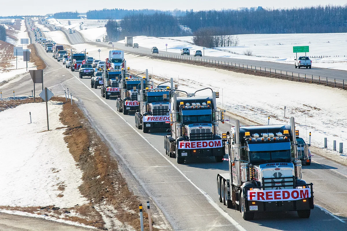 FREEDOM convoy taken in Central Alberta on their way to the Legislature Building in Edmonton, Alberta.