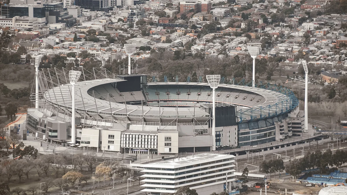 FILE PHOTO: An aerial view of Melbourne Cricket Ground taken by Dean Bennett. Popularly known as 'The G,' it is located in Yarra Park, Melbourne, Victoria, and is the second-largest cricket stadium globally.