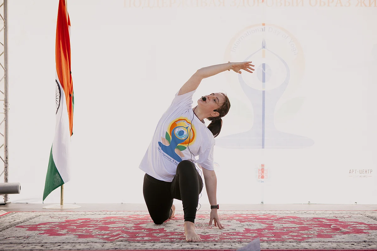 A Yoga trainer performs the asana at the Yusupov Park in Saint Petersburg, Russia.