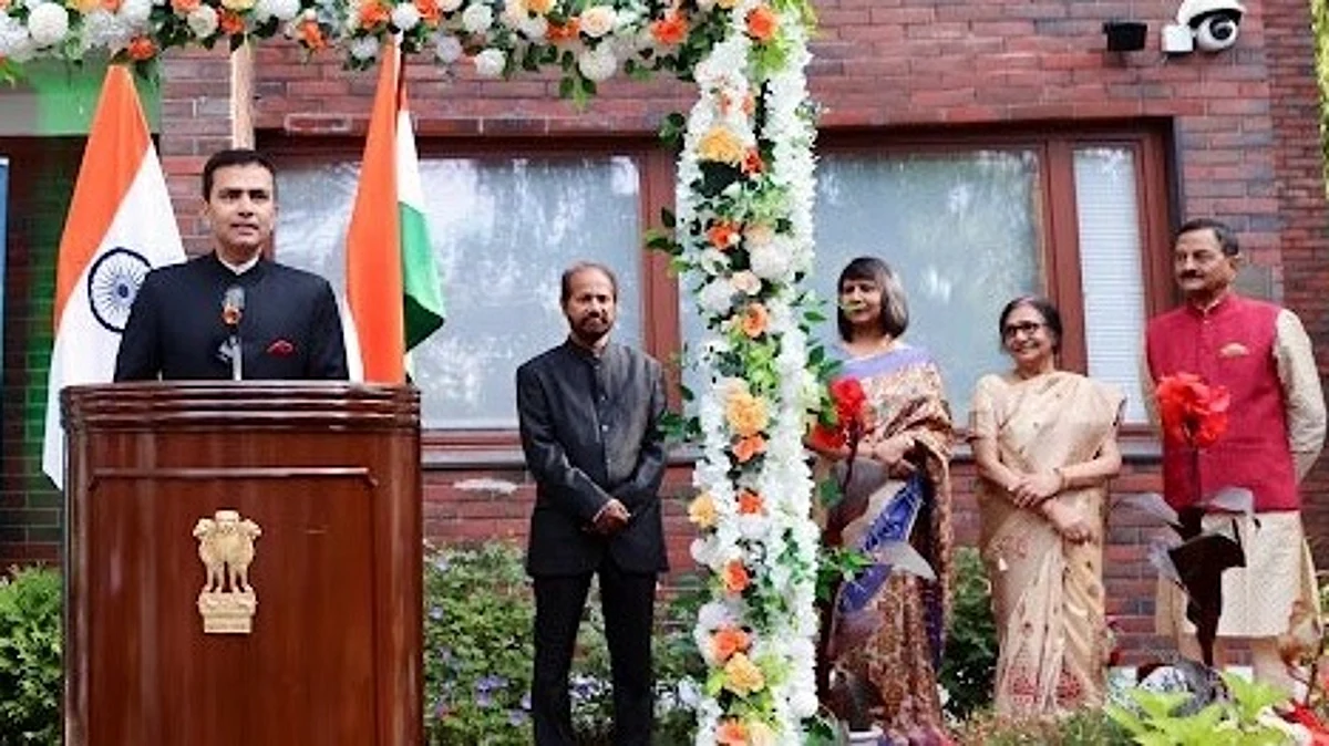 Ambassador Raveesh Kumar addressing the guests at the Independence Day celebrations held at the Indian Embassy in Helsinki, Finland, on Aug. 15.