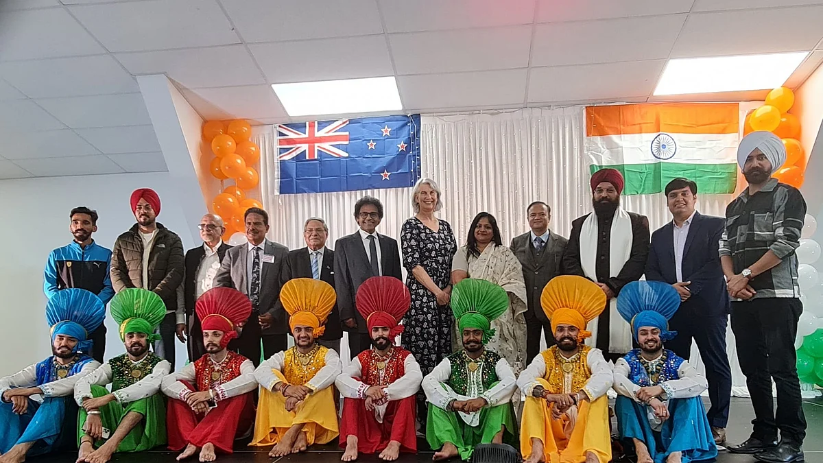 Chandigarh University bhangra team with the organizers of the bhangra event at Hamilton, New Zealand / Aug 21, 2022.