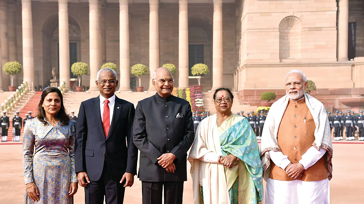 Maldives’ President Ibrahim Mohamed Solih (second from left) with Indian President Ramnath Kovind and Prime Minister Narendra Modi during his maiden foreign visit to New Delhi