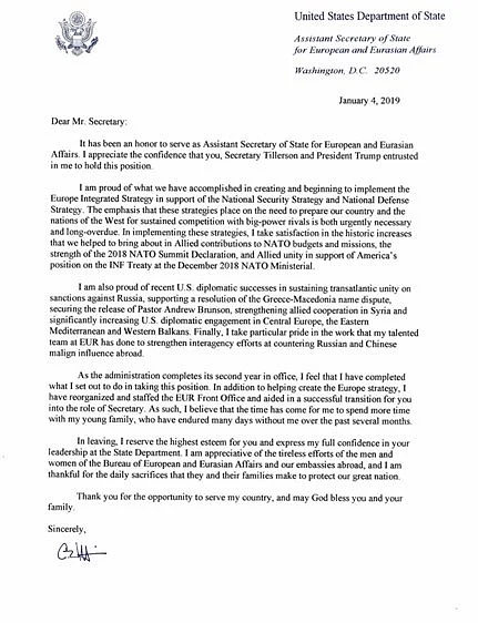 Top US diplomat Assistant Secretary for European and Eurasian Affairs A Wess Mitchell resigns