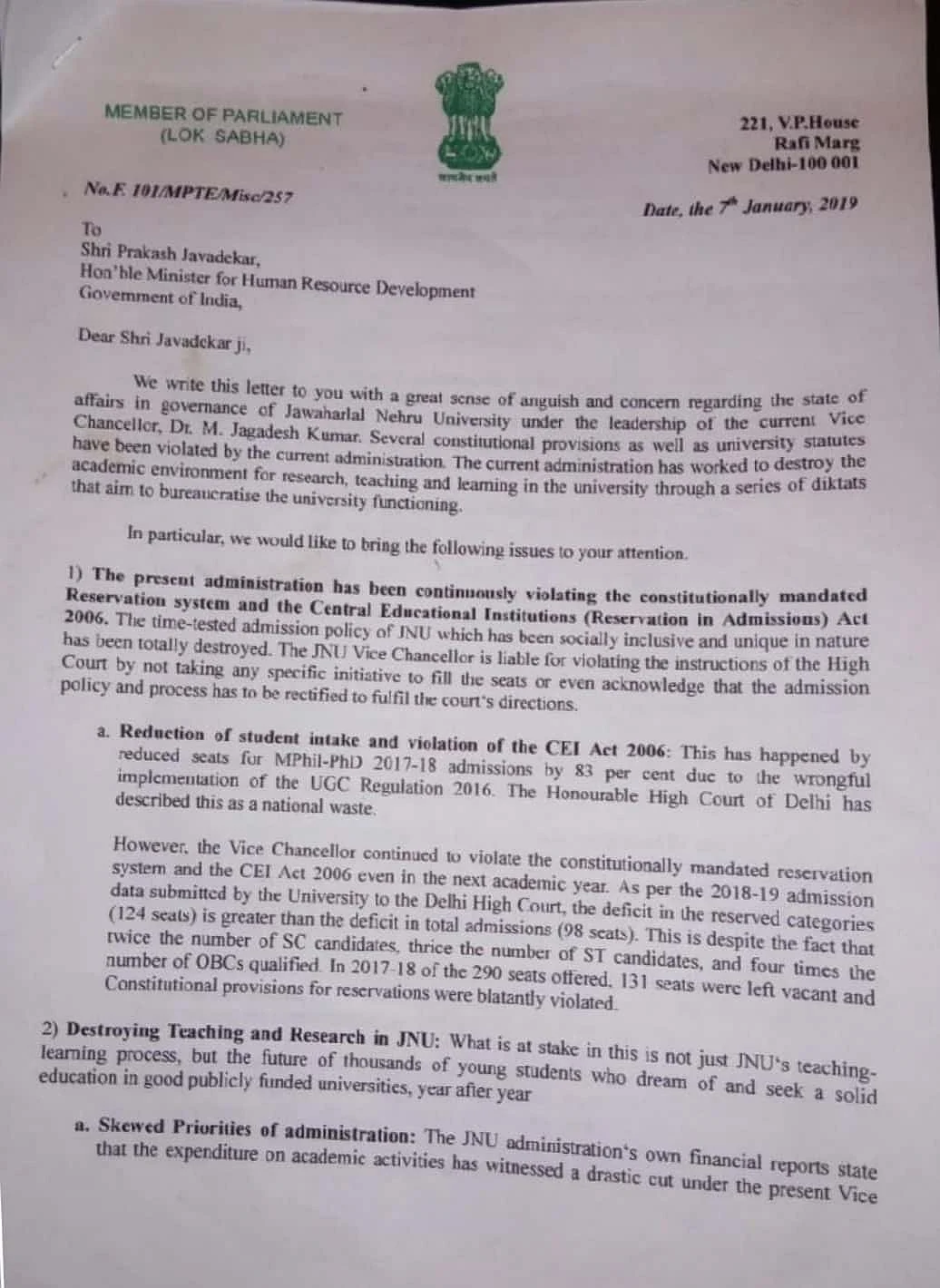 Members of Parliament seek inquiry against JNU Vice-Chancellor and Members of Parliament seek inquiry against JNU Vice-Chancellor and