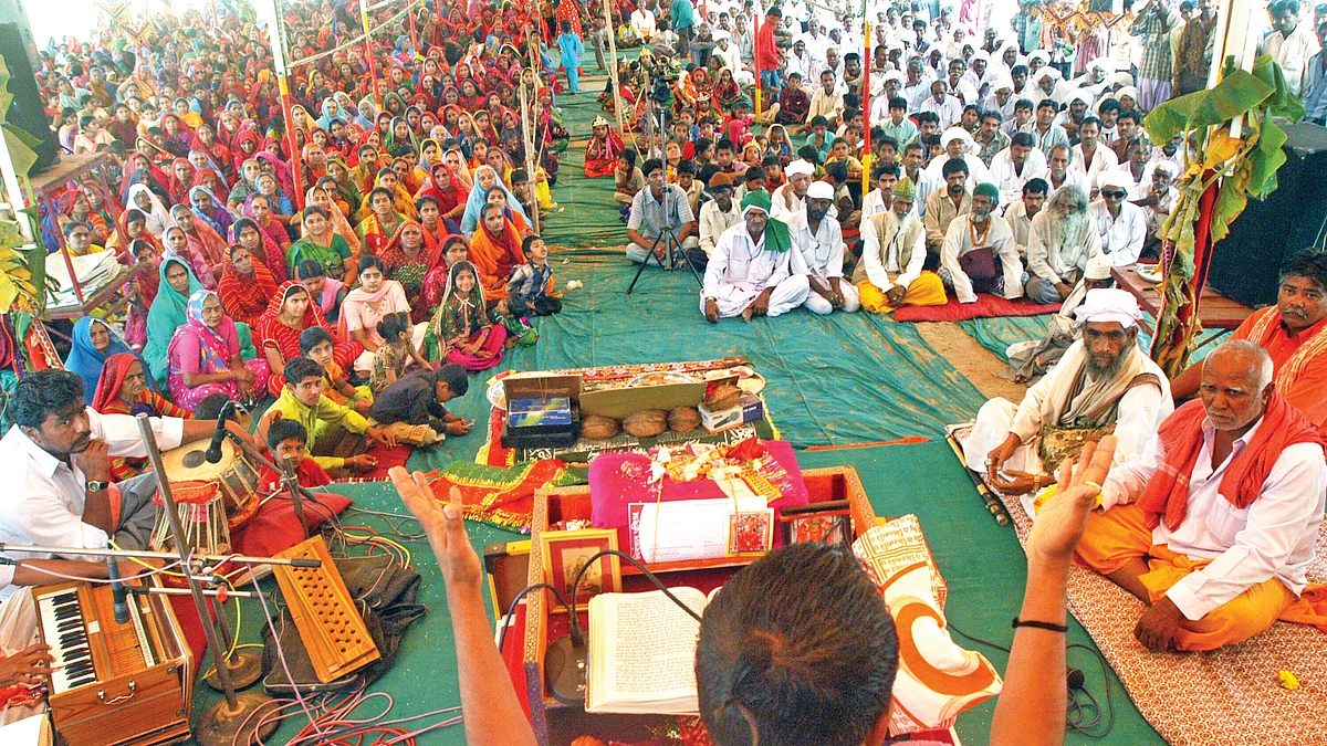 People from both Hindu and Muslim Communities attend a Sri Bhagwat session for communal harmony held at Dargah Ground in Ahmedabad, Gujarat 