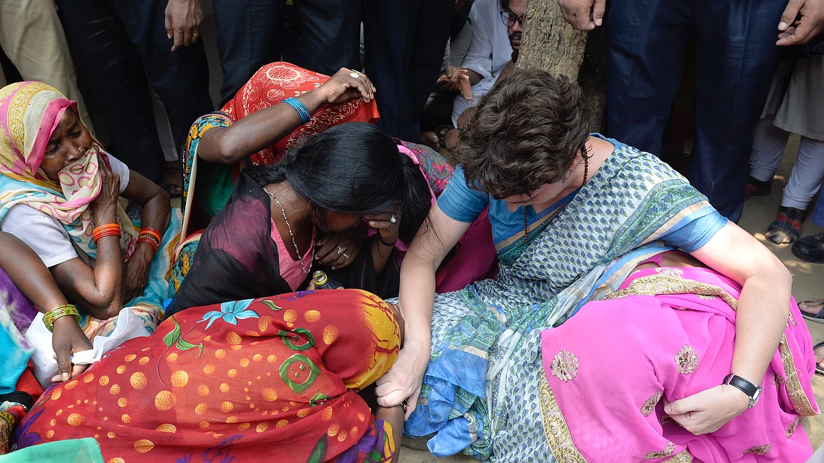 Priyanka Gandhi meets the grieving tribal families at Chunar guest house on Saturday, July 20, 2019.