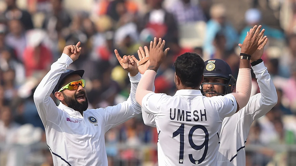 Indian players celebrate after winning the 1st pink ball Test match against Bangladesh at Eden Garden in Kolkata, Sunday, Nov 24, 2019. (PTI Photo)
