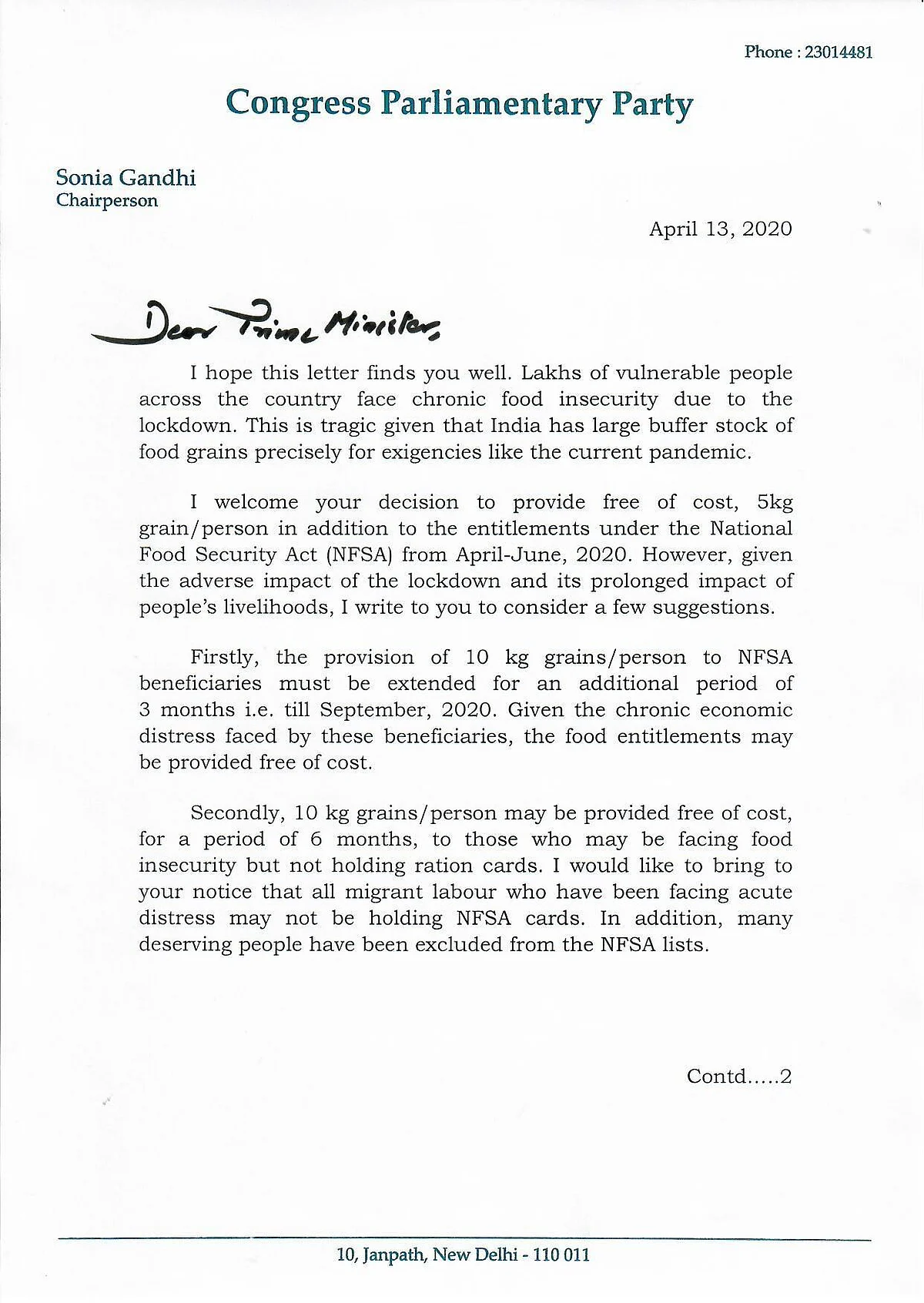 Sonia Gandhi writes to PM Modi, seeks 10 kg grains for NFSA beneficiaries, other needy people till Sept