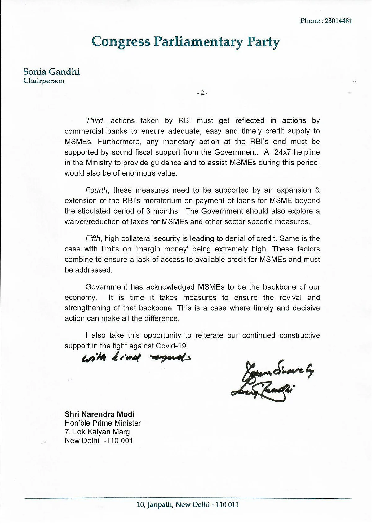 Congress President Sonia Gandhi writes to PM Modi; seeks economic package for revival of MSMEs