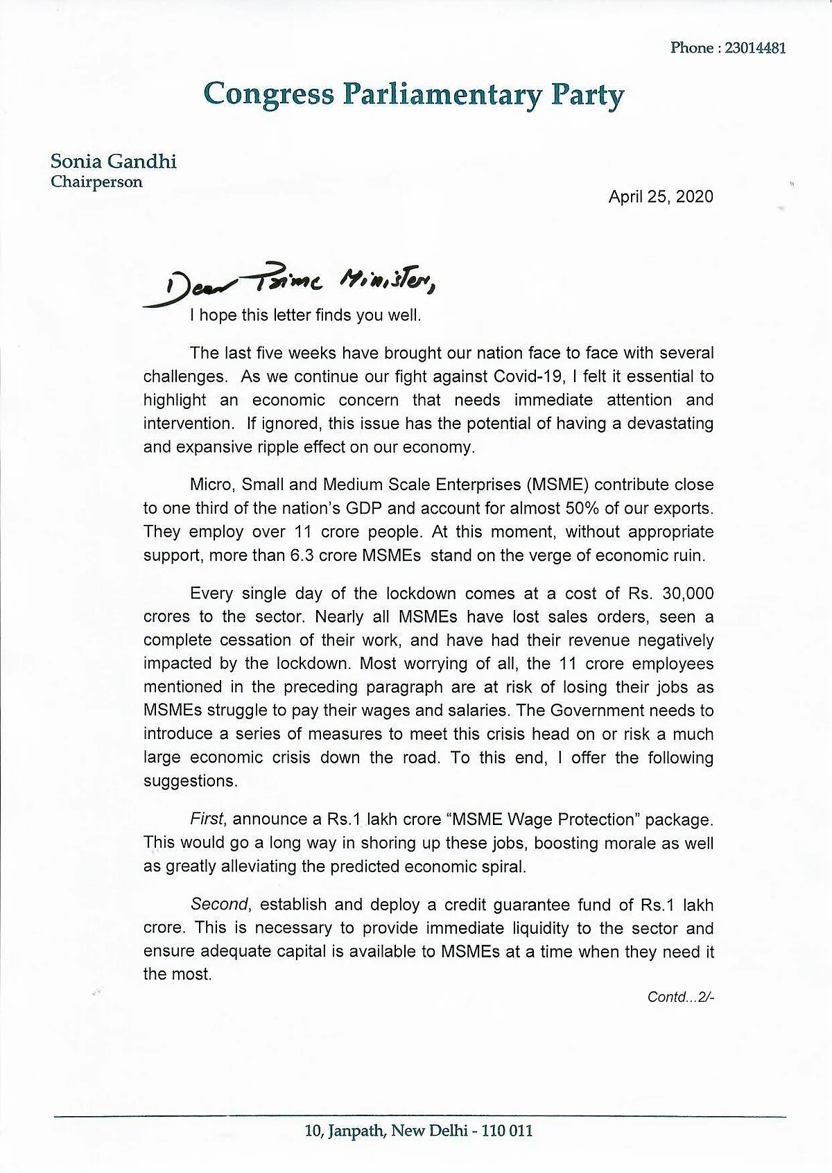 Congress President Sonia Gandhi writes to PM Modi; seeks economic package for revival of MSMEs