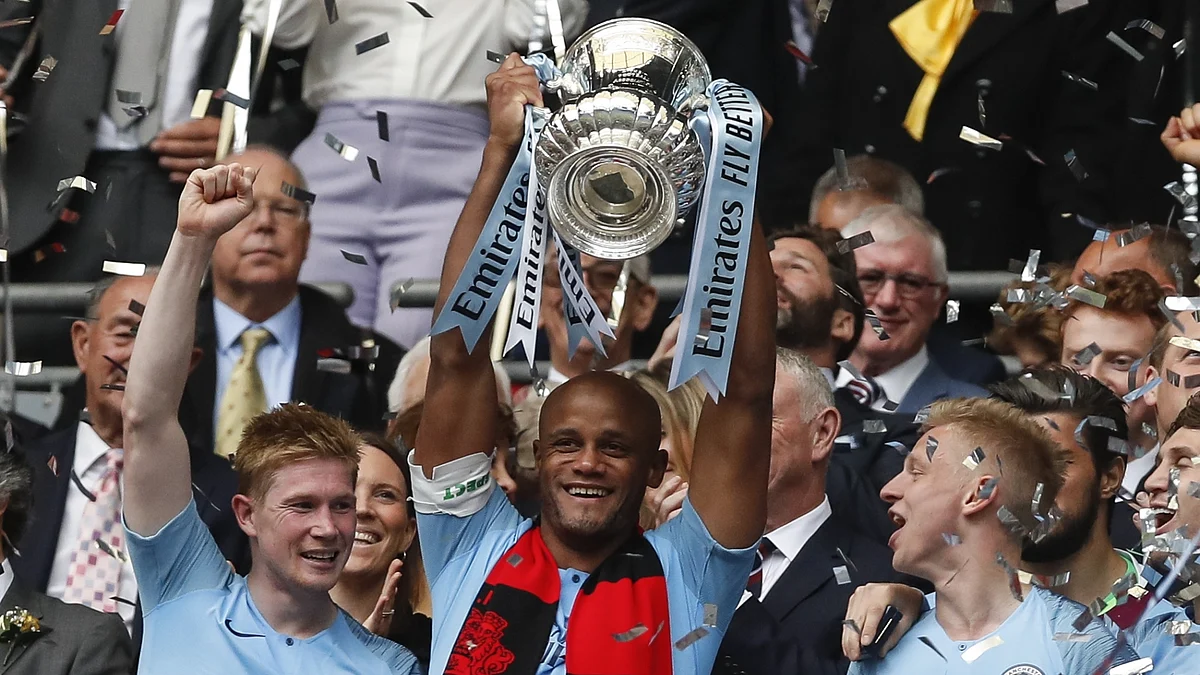 Manchester City’s players celebrate after winning the English FA Cup Final between Manchester City and Watford at Wembley Stadium in London (File photo)