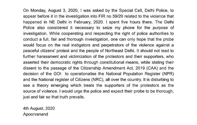Professor Apoorvanand’s statement (Photo courtesy: Twitter)