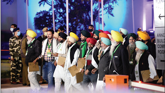 Farmers’ leaders emerging from Vigyan Bhawan after a meeting with the government panel