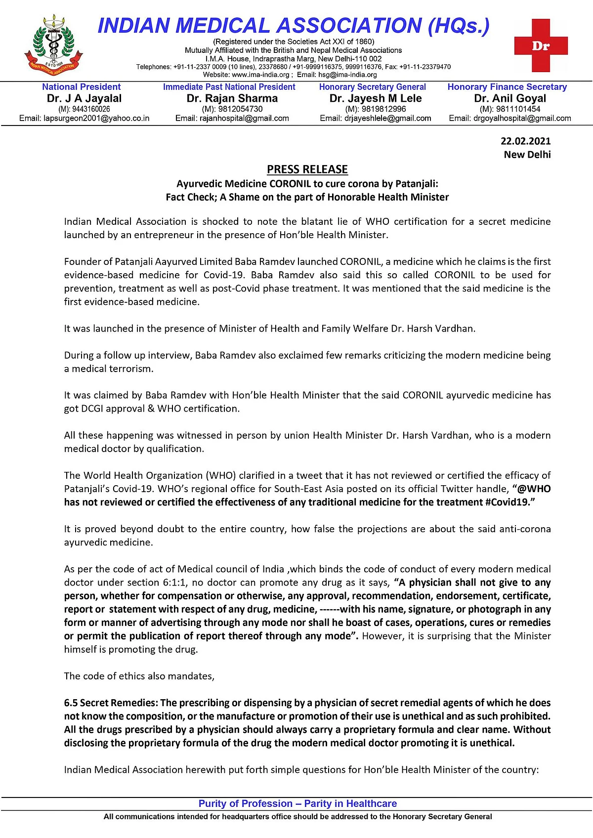 IMA slams Harsh Vardhan for endorsing Patanjali’s Coronil; WHO denies issuing any approval