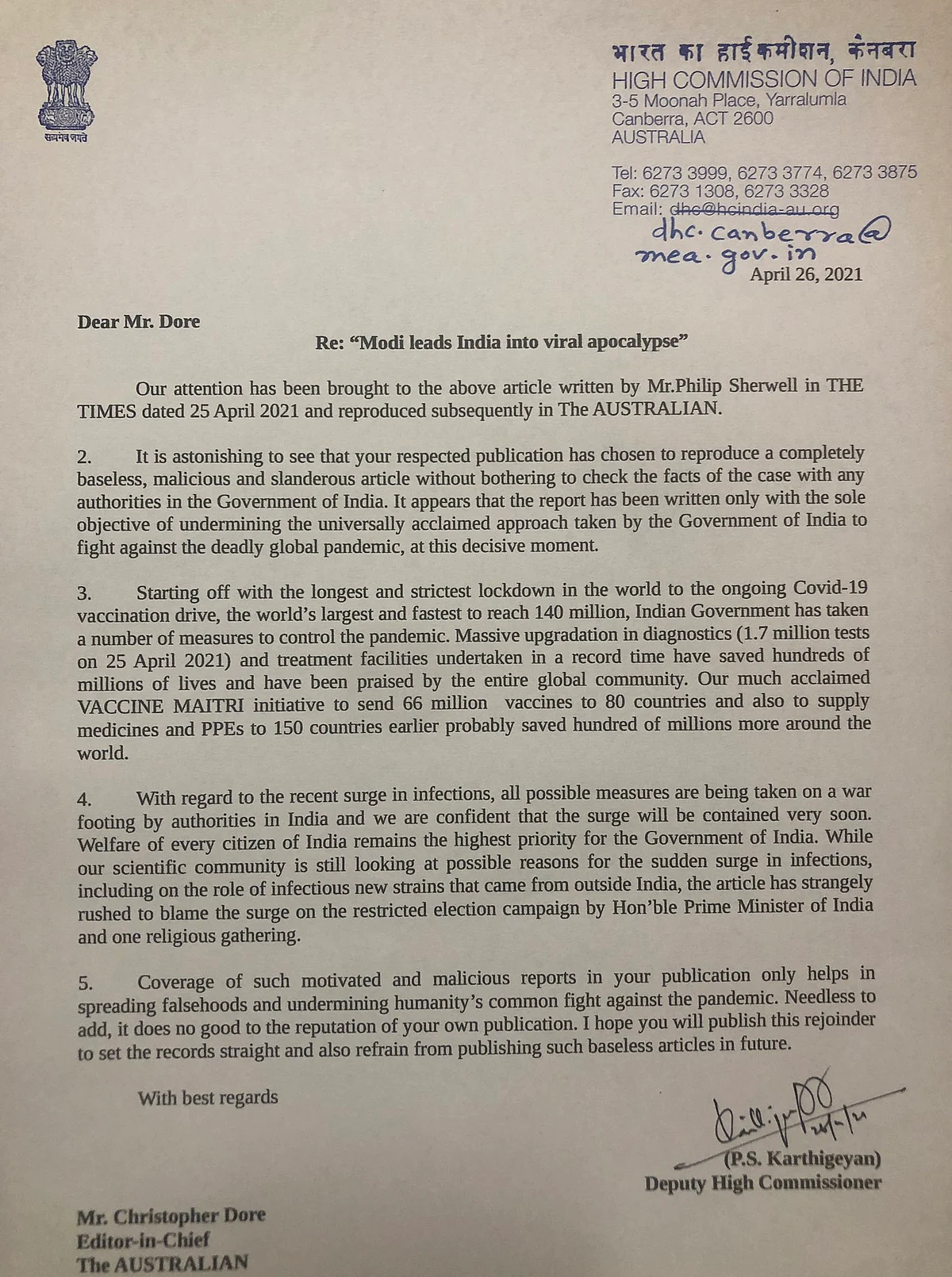 Indian High Commission slams The Australian ‘Viral Apocalypse’ report on COVID-19