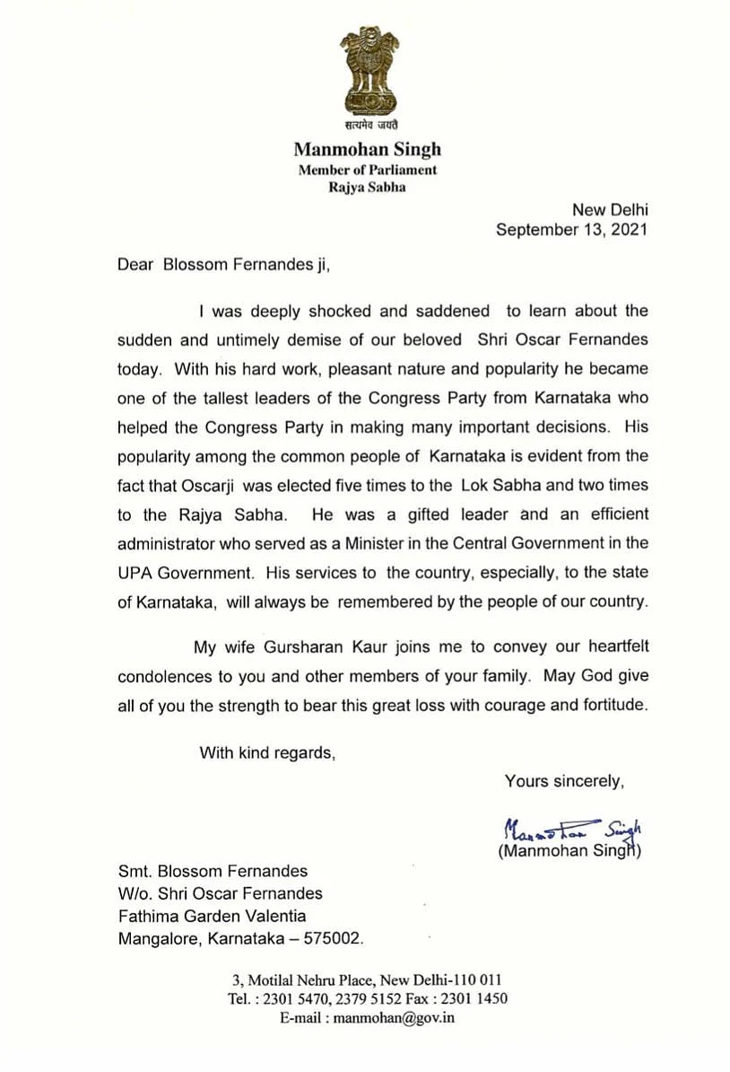 Tributes and condolences pour in for veteran Congress leader Oscar Fernandes