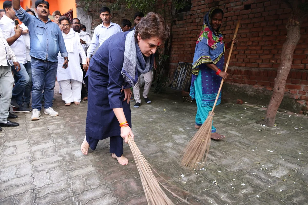 Priyanka picks up broom in Dalit hamlet in response to Yogi's comment