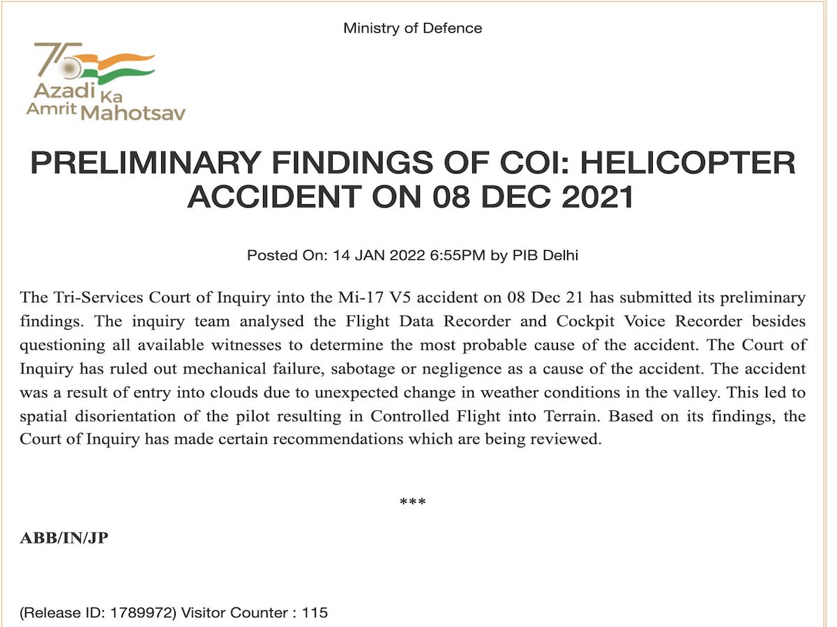 LIVE News Updates: Tri-Services enquiry looking into CDS Bipin Rawat's death, submits preliminary findings