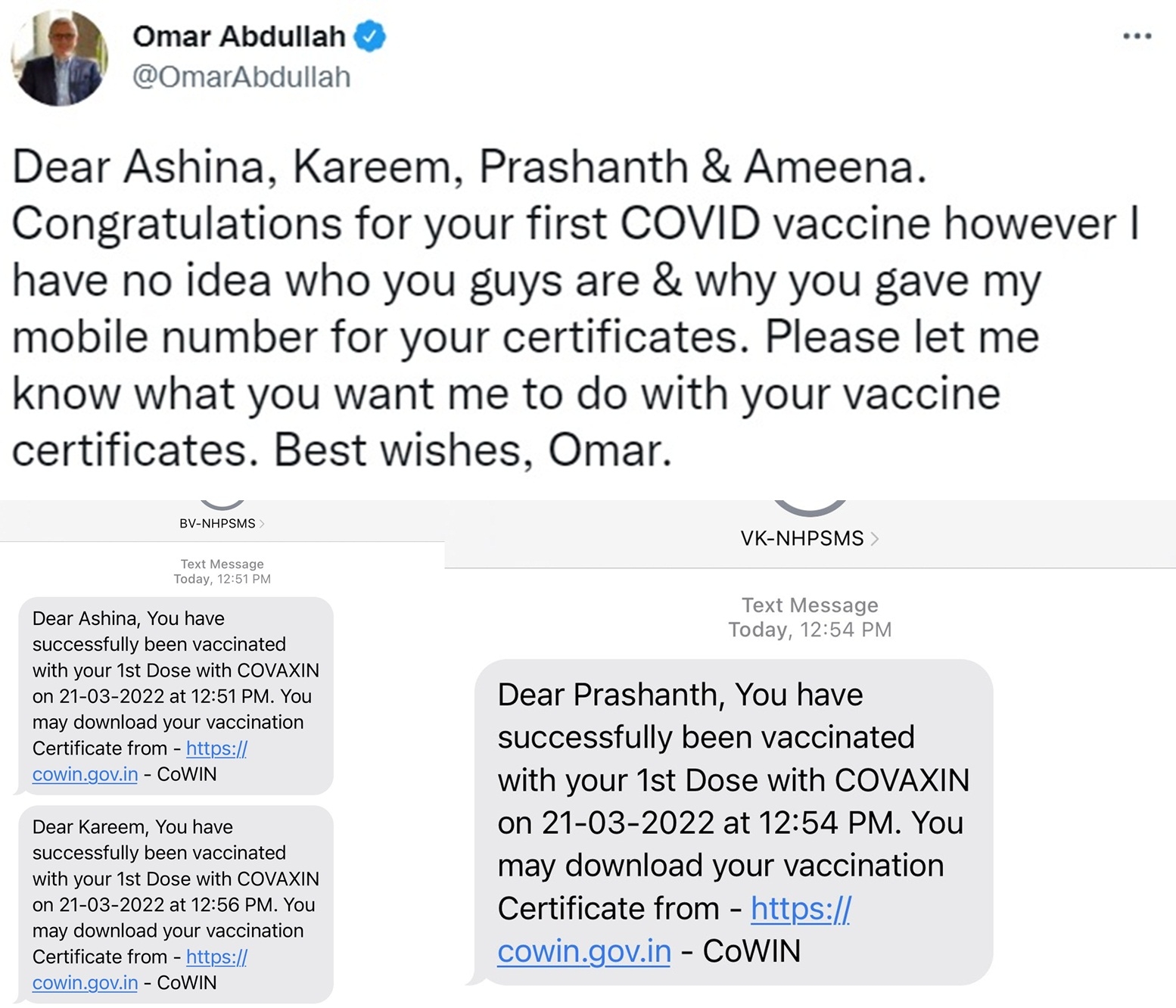 Vax confirmation text of 4 beneficiaries on Omar's number!