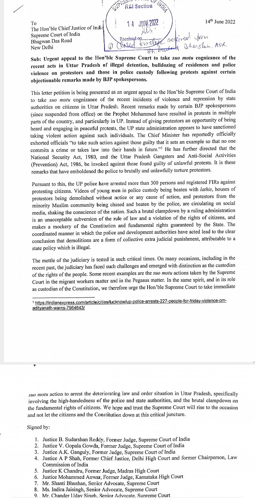 Eminent judges, lawyers write to SC to take action against demolition of houses, illegal detentions in UP