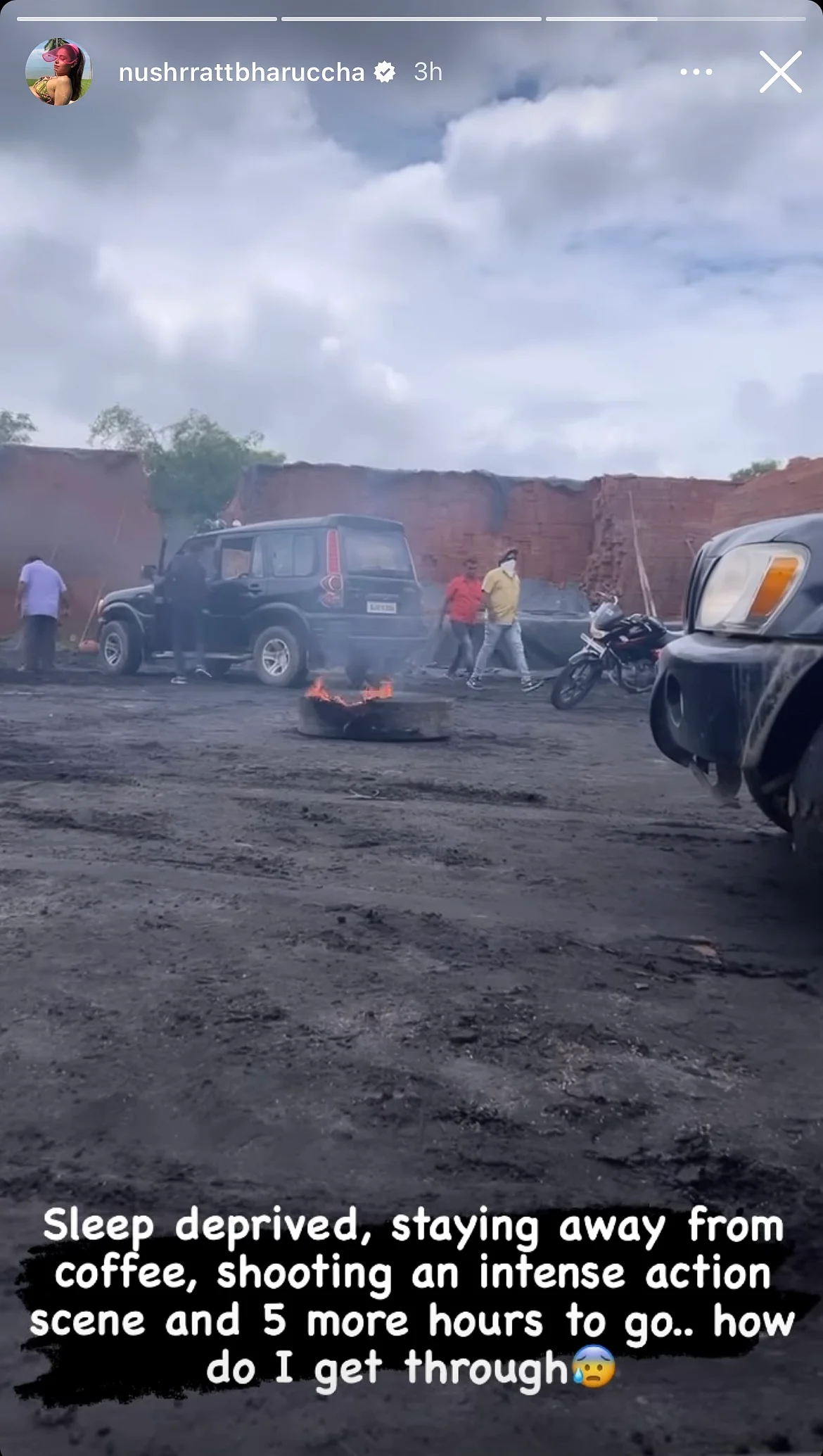Nushrratt Bharuccha shares a sneak peak from sets as she shoots for an "intense action scene"