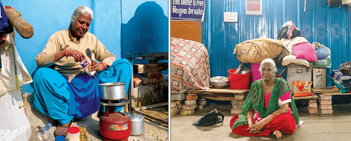 Jhanki manages on ₹200-500 a month. (right) Jhanki with her belongings at the shelter home in Lodhi Colony, New Delhi