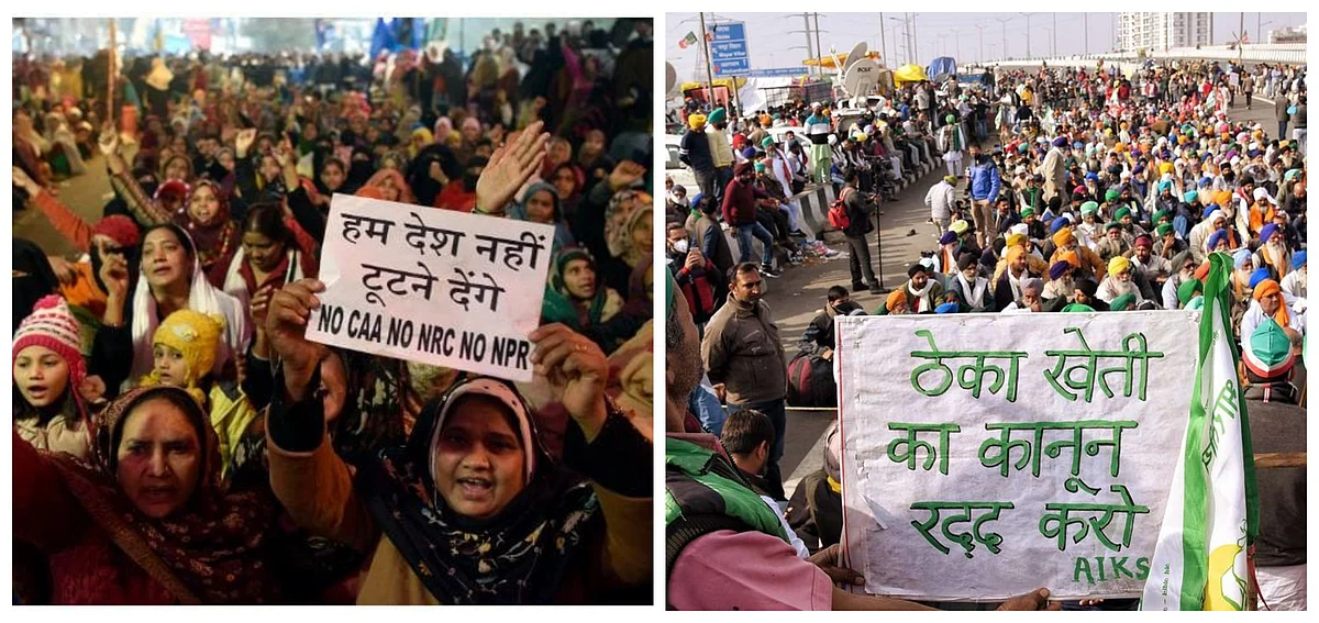 (Left) Anti-CAA protest in Shaheen Bagh; (right) farmers protest against flawed farm laws at Delhi's border