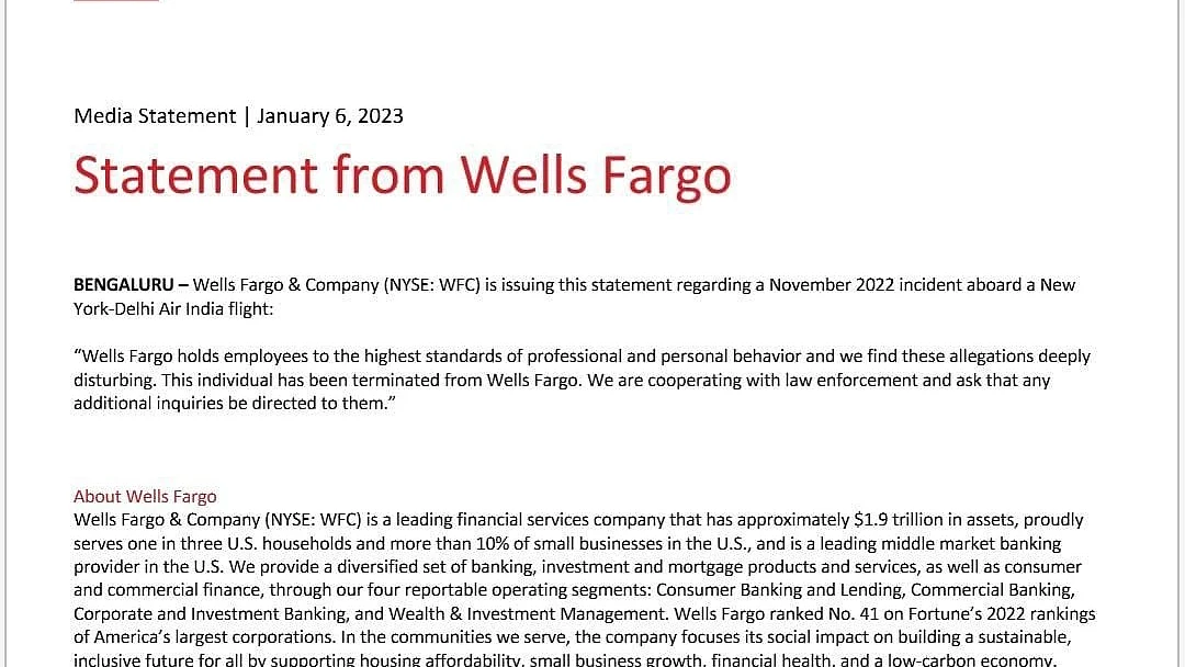 Wells Fargo sacks employee accused of urinating on female co-passenger on Air India flight