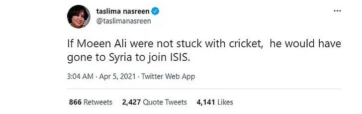 The screenshot of Taslima Nasreen's now-deleted tweet