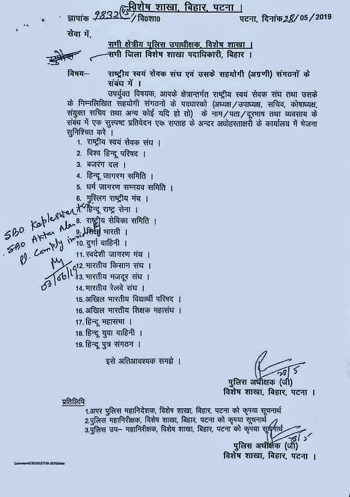 नीतीश की पुलिस आरएसएस सहित 19 संगठनों की खंगालेगी कुंडली, पत्र वायरल होने के बाद जेडीयू-बीजेपी में बवाल!