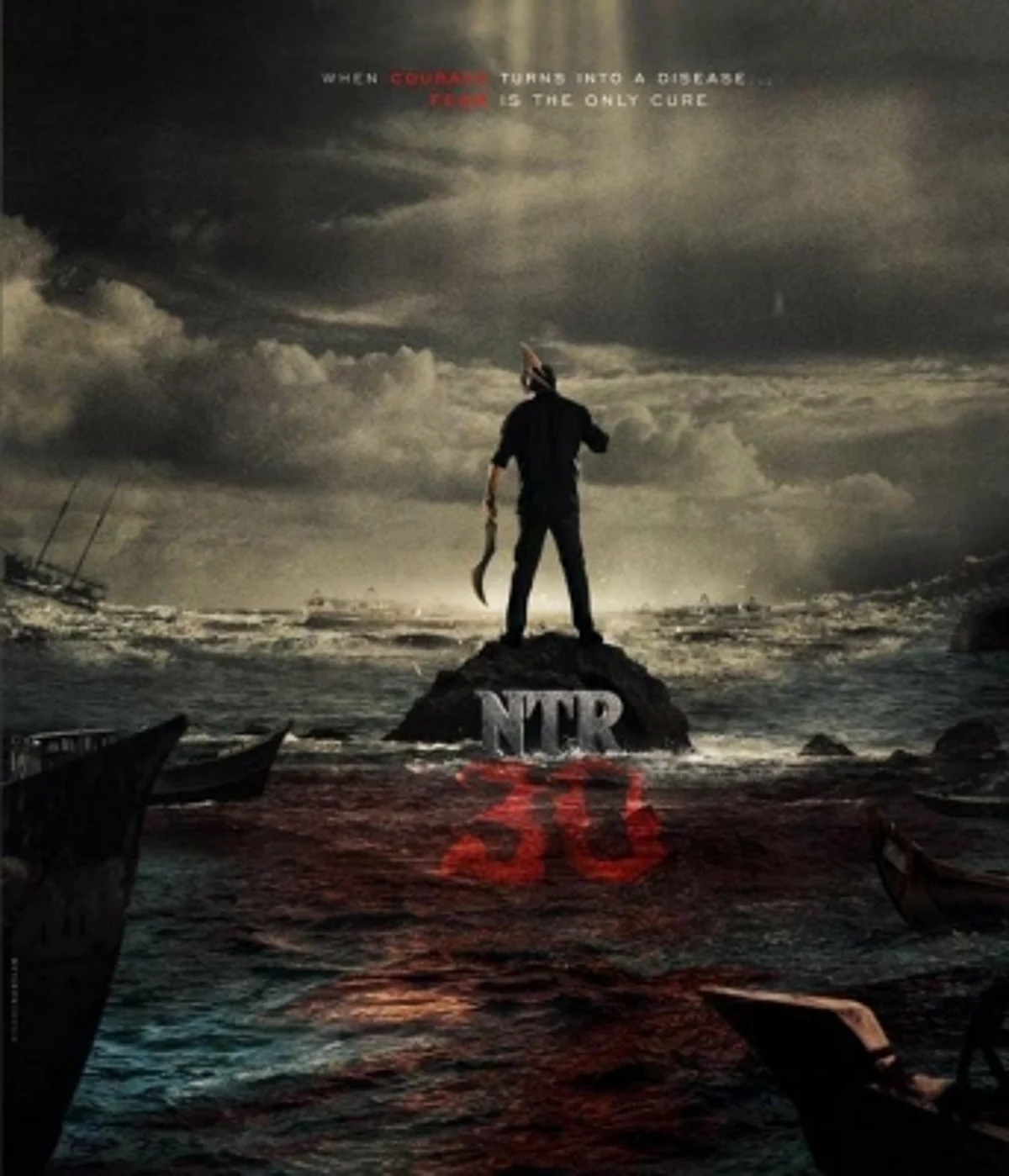 NTR 30's makers have released an intense poster featuring the hero wielding machetes against a rainy backdrop. (IANS)