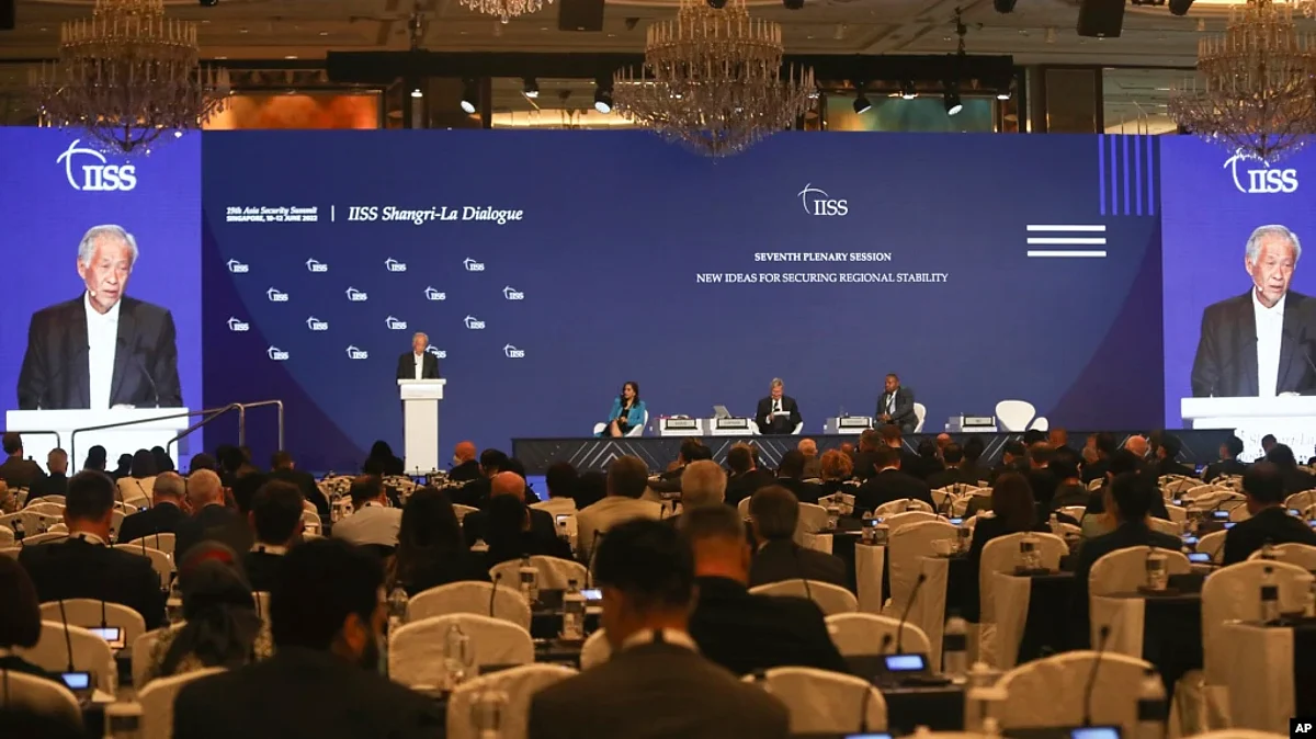 Singapore's Minister of Defense Ng Eng Hen speaks at a plenary session during the 19th International Institute for Strategic Studies (IISS) Shangri-la Dialogue, Asia's annual defense and security forum, in Singapore, June 12, 2022.