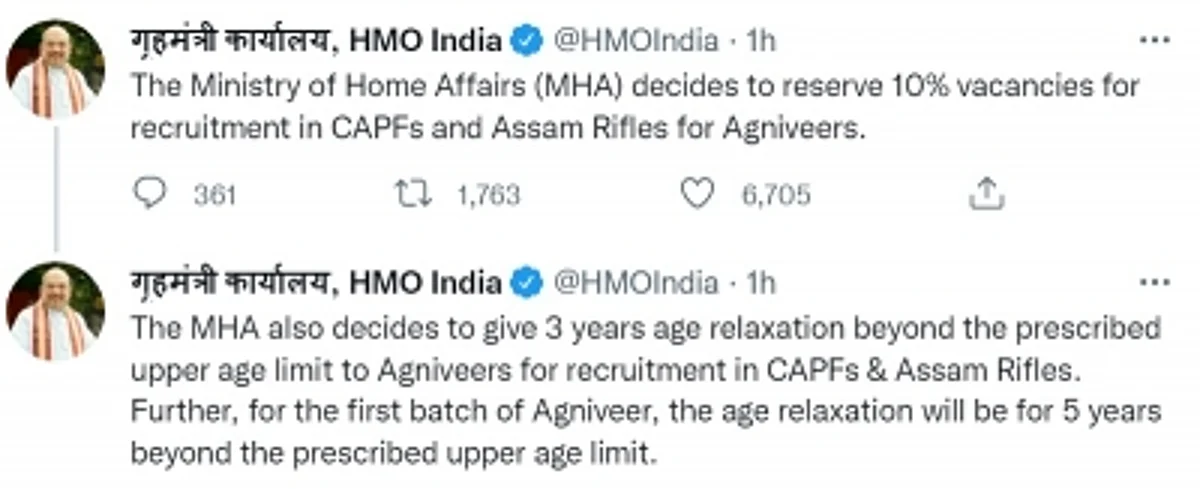Centre announces 10% reservation for Agniveers in CAPFs, Assam Rifles